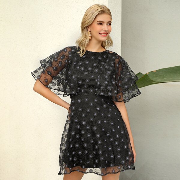 

D&M Cutout Back Layered Flutter Sleeve Floral Organza Dress, Black