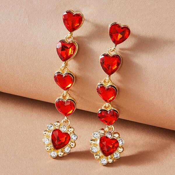 

1pair Crystal & Rhinestone Engraved Heart Shaped Drop Earrings, Red