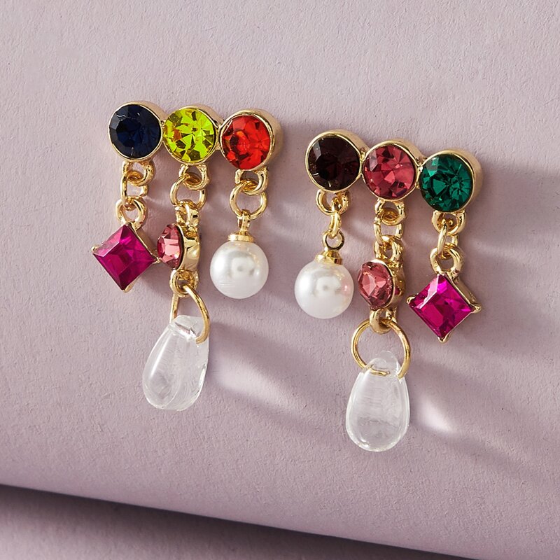 

1pair Colorful Rhinestone Engraved Drop Earrings, Multicolor