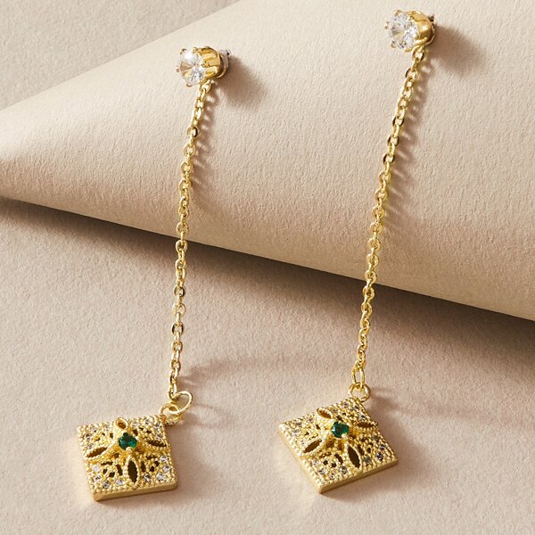 

1pair Hollow Out Rhombus Chain Drop Earrings, Gold