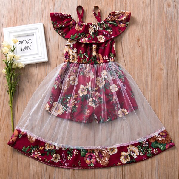 

Toddler Girls Floral Print Mesh Panel Romper, Red