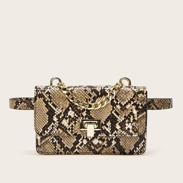 

Snakeskin Chain Decor Fanny Pack, Brown