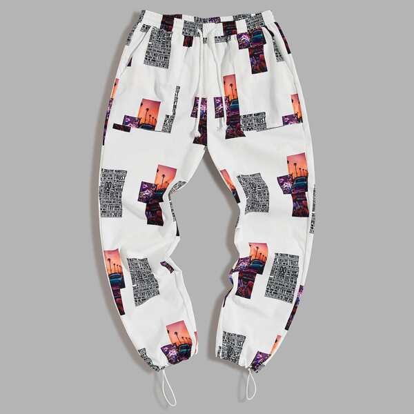 

Men Drawstring Waist & Hem Patch Pocket Pants, Multicolor
