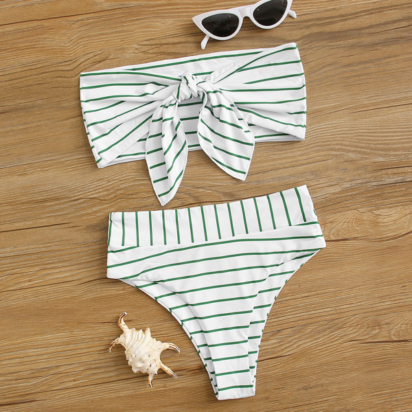 

Striped Tie Front Bandeau High Waisted Bikini Swimsuit, Green
