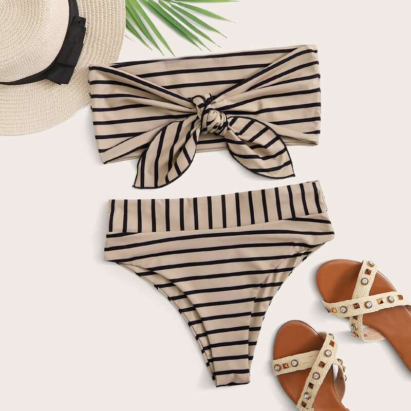 

Striped Tie Front Bandeau High Waisted Bikini Swimsuit, Multicolor