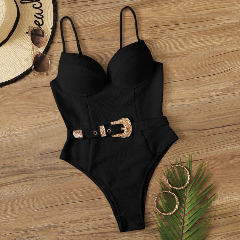 

Western Buckle Underwired One Piece Swimsuit, Black