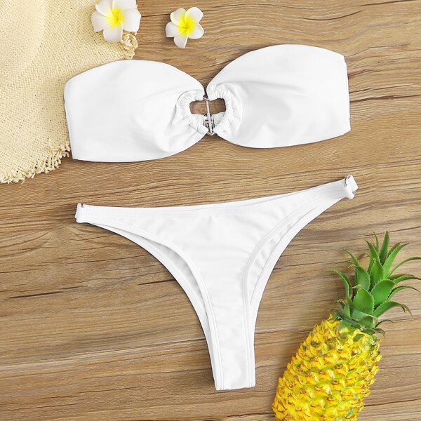 

Heart Ring Linked Bandeau Cheeky Bikini Swimsuit, White