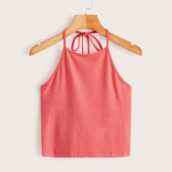

Solid Tie Back Halter Top, Pink