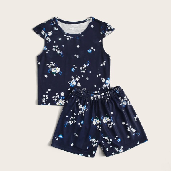 

Toddler Girls Ditsy Floral Ruffle PJ Set, Navy blue