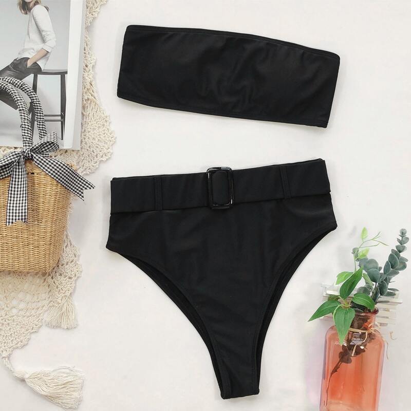 

Plain Buckle Belted Bandeau Bikini Swimsuit, Black
