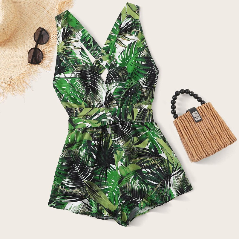 

Crisscross Open Back Belted Tropical Romper, Green