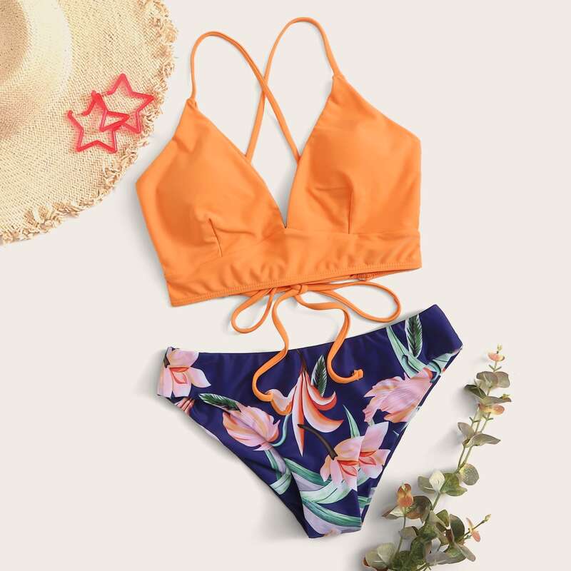 

Floral Criss Cross Tie Back Bikini Swimsuit, Multicolor