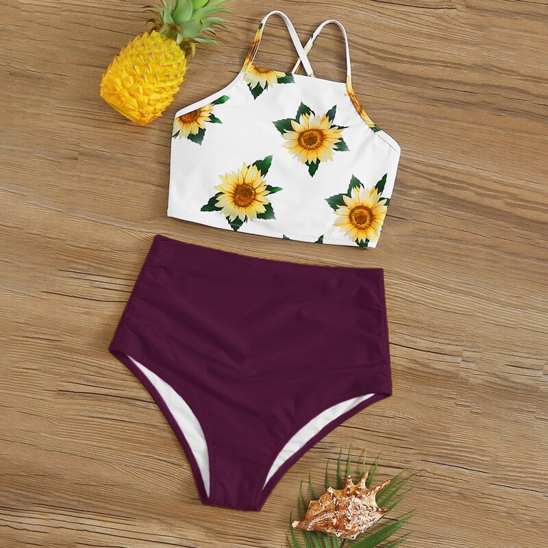 

Sunflower Tie Back High Waisted Bikini Swimsuit, Multicolor