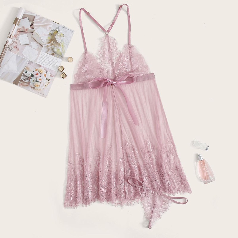 

Eyelash Lace Slips With Thong, Pink