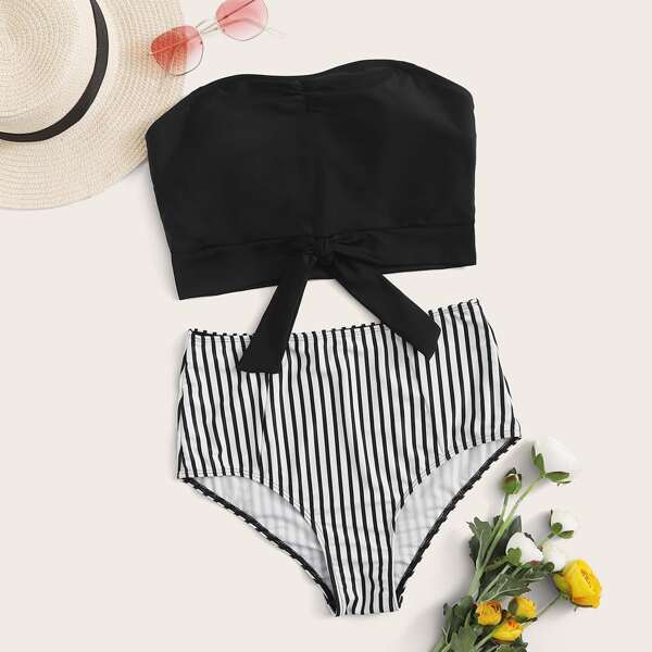 

Striped Knot Bandeau High Waisted Bikini Swimsuit, Black