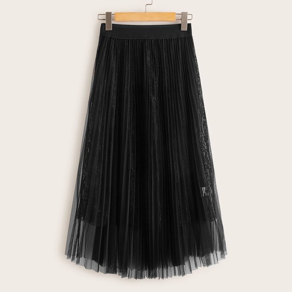 

Solid Mesh Overlay Pleated Skirt, Black