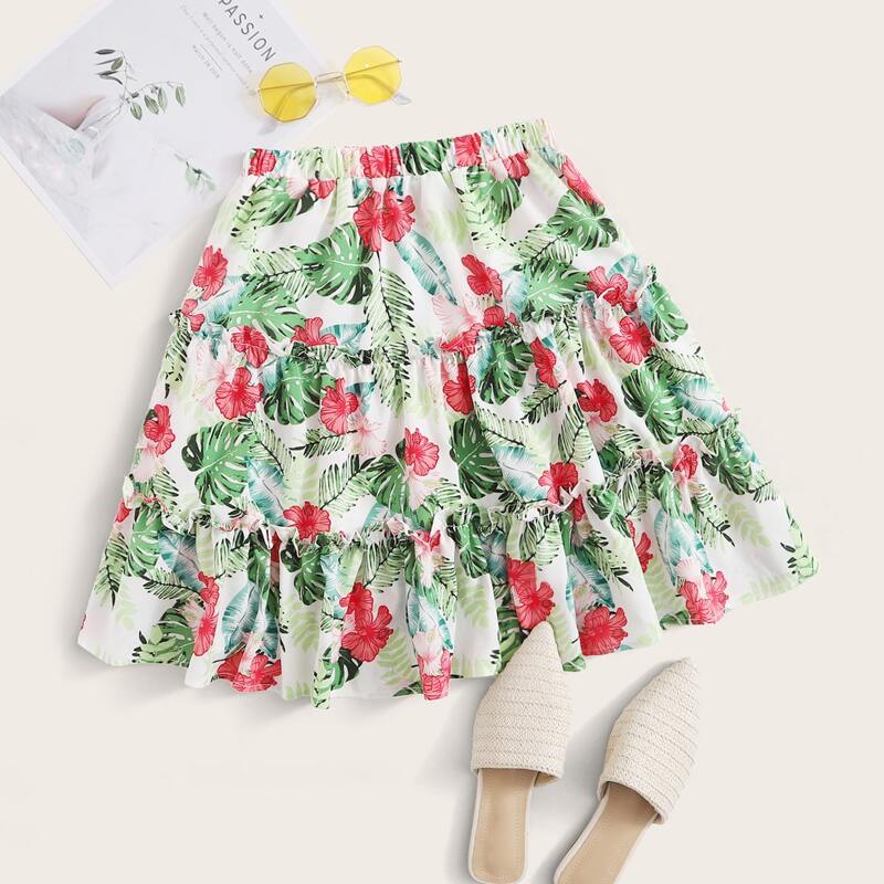 

Tropical & Floral Print Frill Trim Skirt, Multicolor