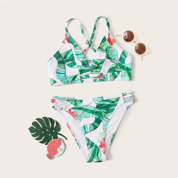 

Girls Tropical Criss Cross Bikini Swimsuit, Multicolor