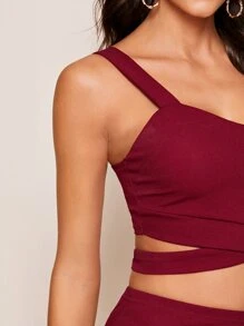 SHEIN BAE 鏤空十字交叉背心上衣和半身裙套裝 - 酒紅色 - 查看 5