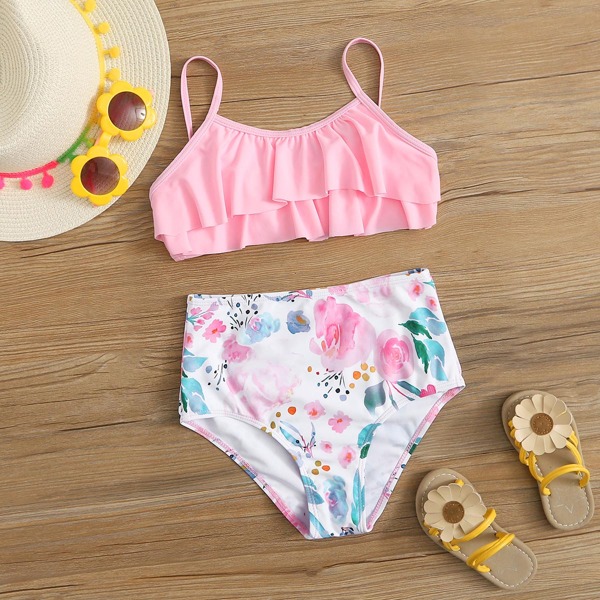 

Girls Floral Tiered Layer Bikini Swimsuit, Multicolor