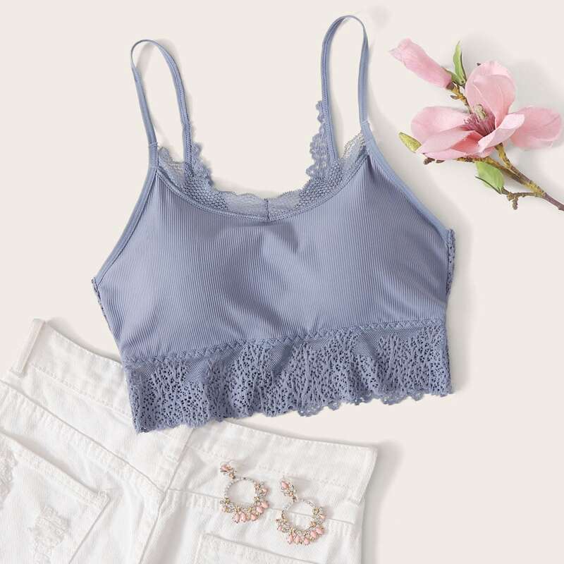 

Lace Trim Ribbed Bralette, Blue