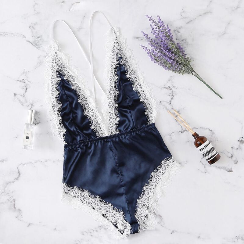 

Eyelash Lace Trim Satin Teddy Bodysuit, Navy blue