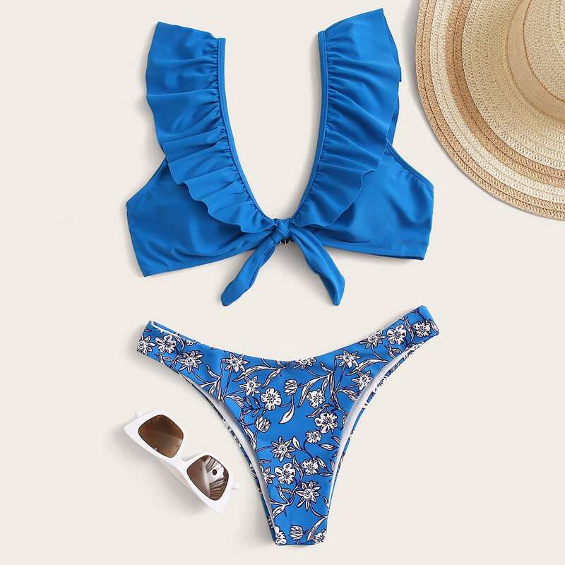 

Floral Knot Front Ruffle Bikini Swimsuit, Blue