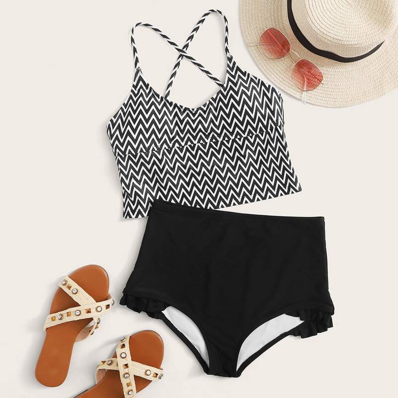 

Chevron Crisscross High Waisted Bikini Swimsuit, Multicolor