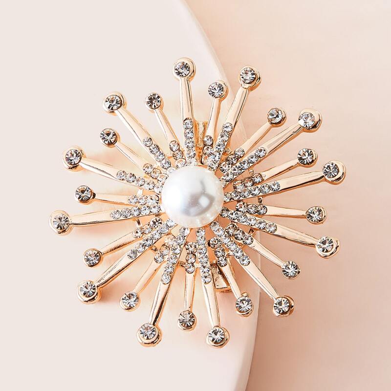 

1pc Rhinestone Decor Faux Pearl Decor Brooch, Gold
