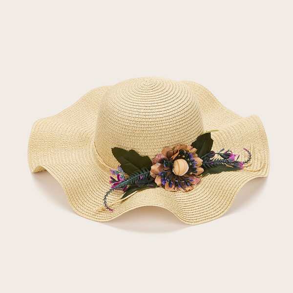 

Flower Decor Straw Hat, Beige