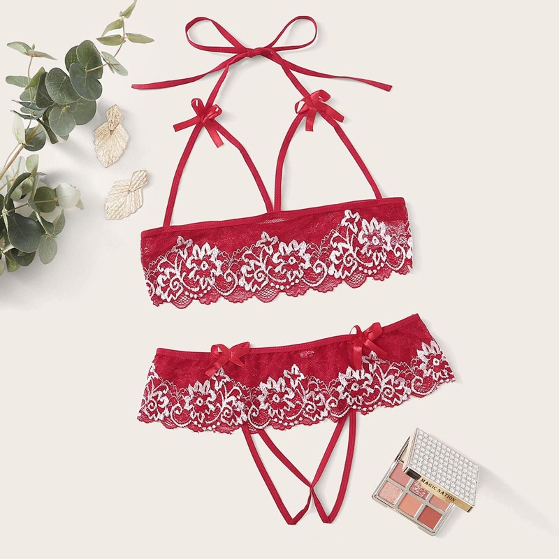 

Floral Lace Harness Lingerie Set, Red