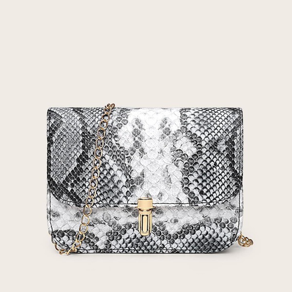 

Snakeskin Snap Button Chain Crossbody Bag, Grey