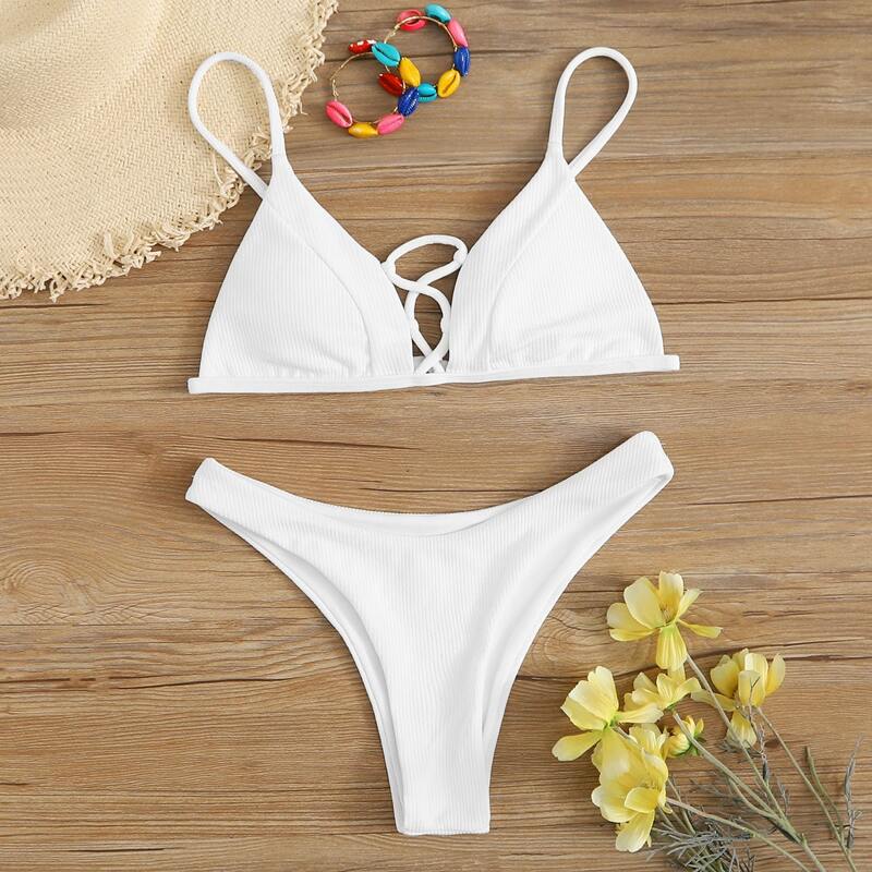 

Rib Triangle High Cut Bikini Swimsuit, White