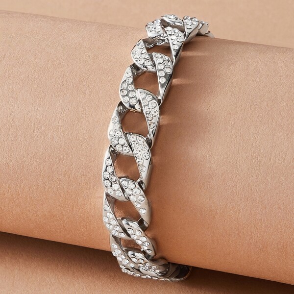 

1pc Men Rhinestone Decor Chain Bracelet, Silver