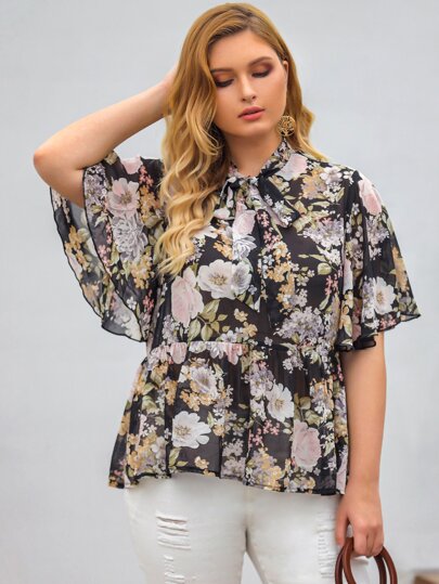 Plus Allover Floral Tie Neck Chiffon Babydoll Blouse