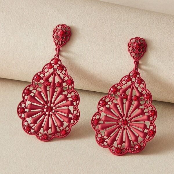 

1pair Bohemian Rhinestone Engraved Drop Earrings, Red