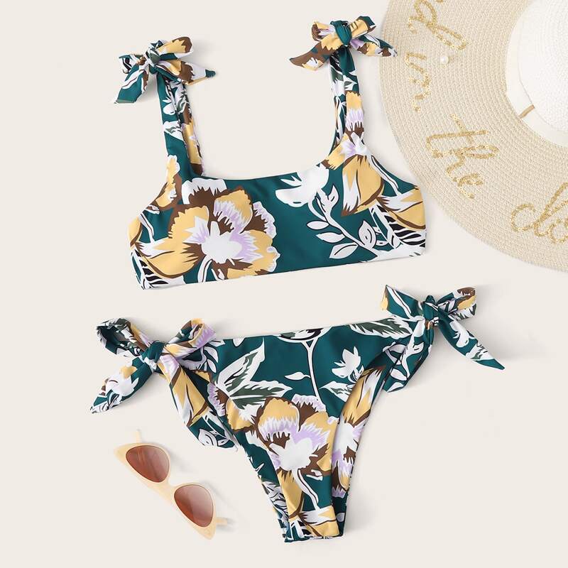 

Floral Tie Shoulder Tie Side Bikini Swimsuit, Multicolor