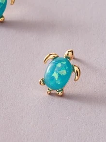1pair Gemstone Decor Turtle Design Earrings - Blue - View 3