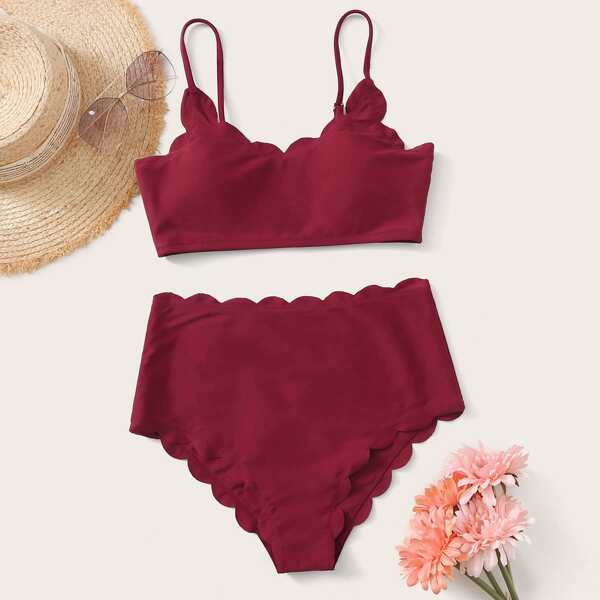 

Scallop Trim High Waisted Bikini Swimsuit, Red