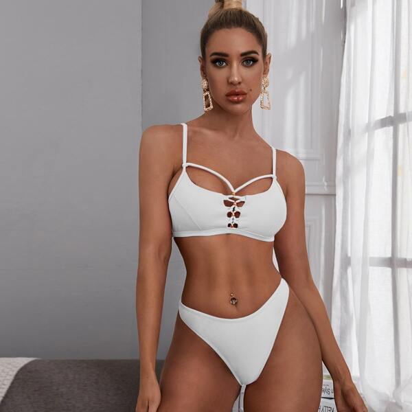 

Lattice Front Harness Bikini Swimsuit, White