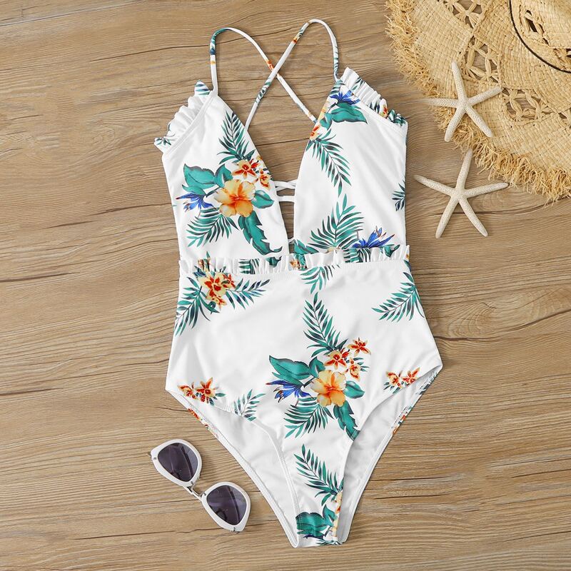 

Tropical Frill Tie Back One Piece Swimsuit, White