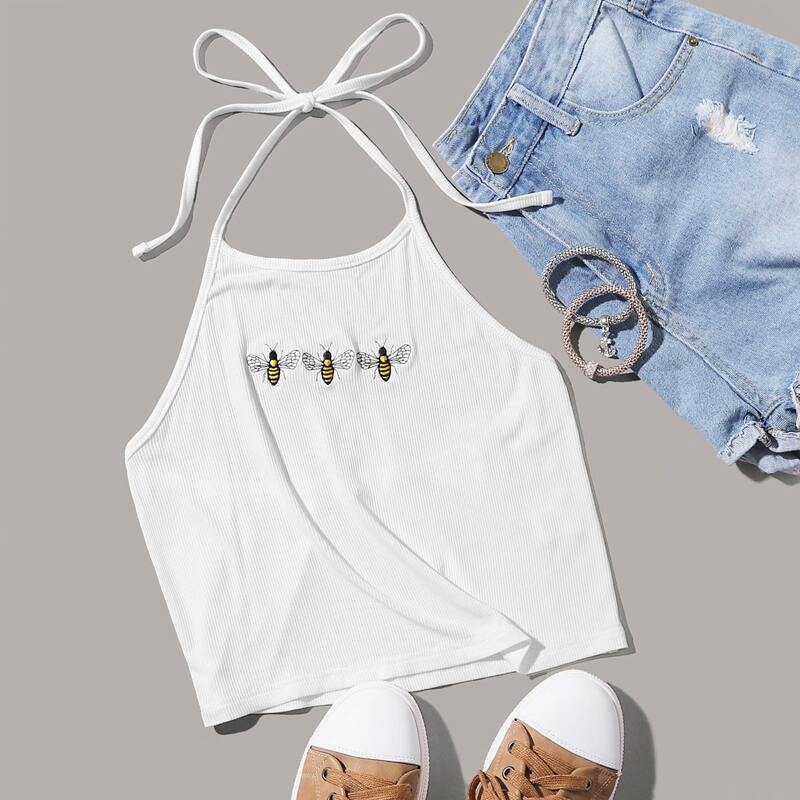 

Bee Embroidery Halter Top, White