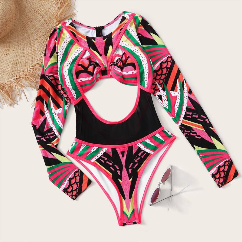 

Mixed Print Cut Out Long Sleeve One Piece Swimsuit, Multicolor