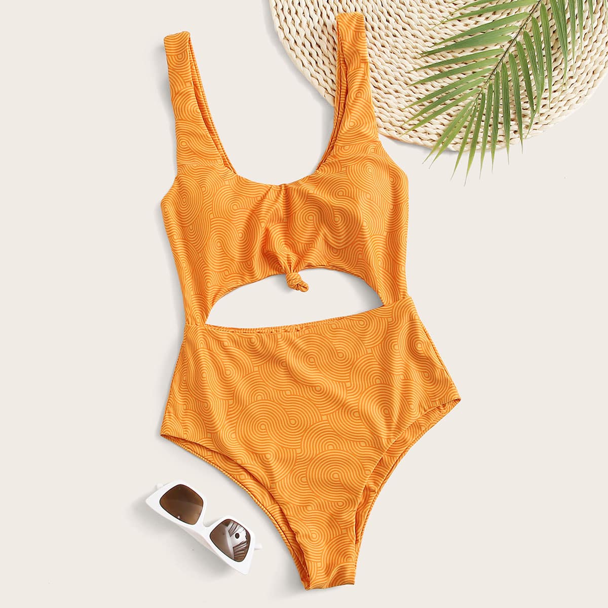 

Geo Print Cutout One Piece Swimsuit, Yellow