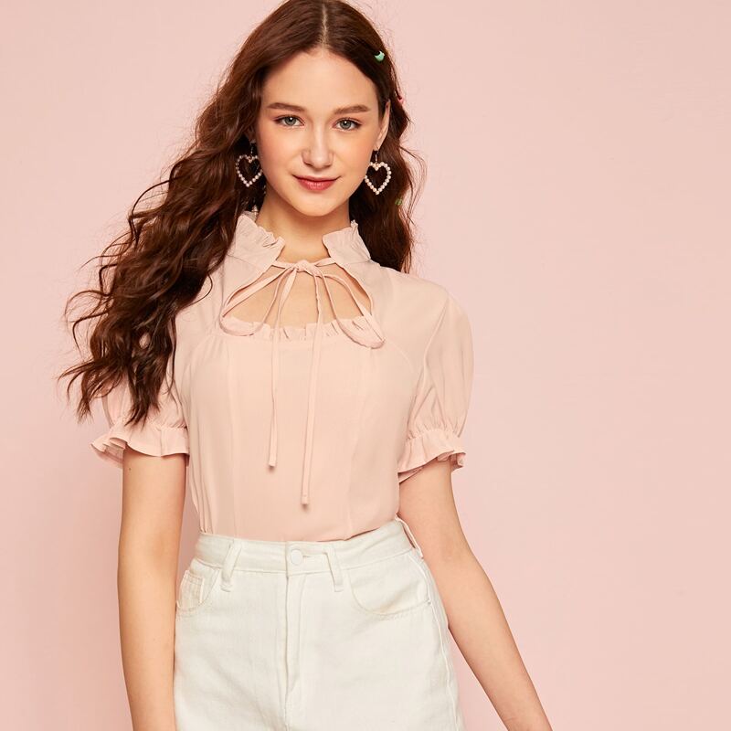 

Tie Neck Lettuce Frill Blouse, Pink