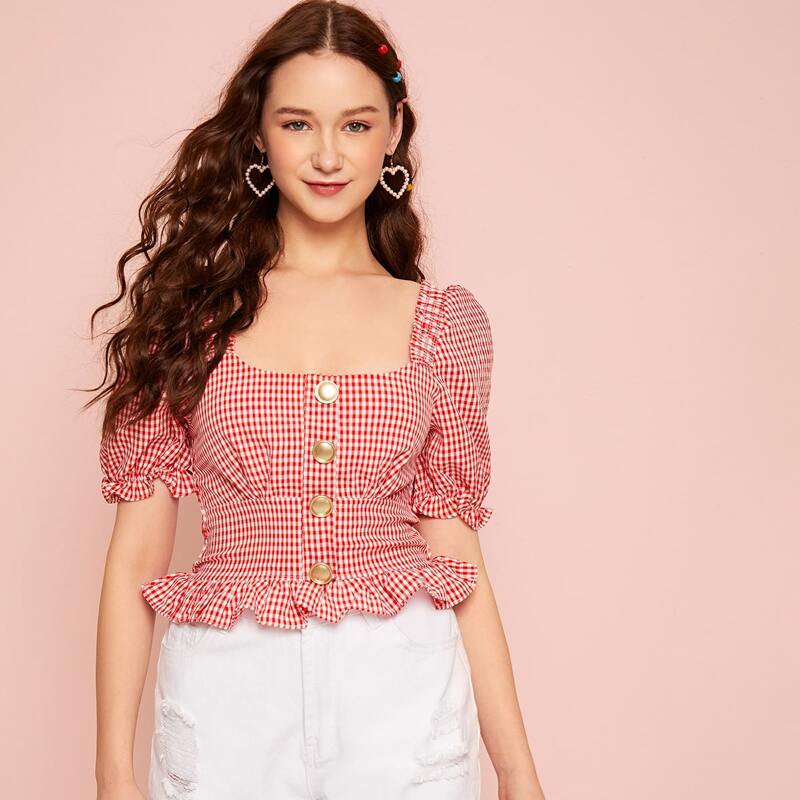 

Button Front Ruffle Hem Shirred Gingham Blouse, Red