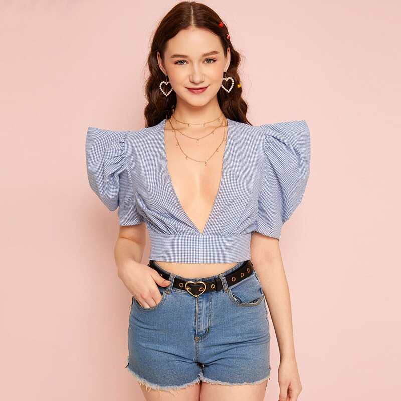 

Puff Sleeve Gingham Crop Top, Blue
