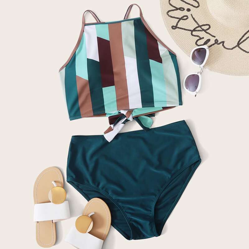 

Striped High Waist Bikini Swimsuit, Multicolor