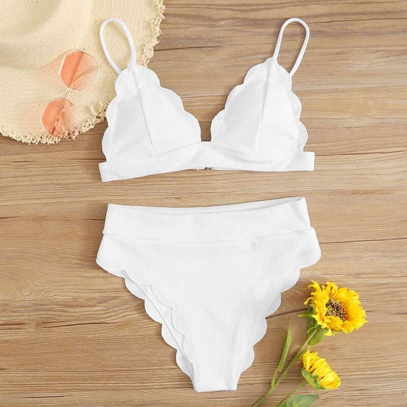 

Rib Scallop Triangle High Waisted Bikini Swimsuit, White