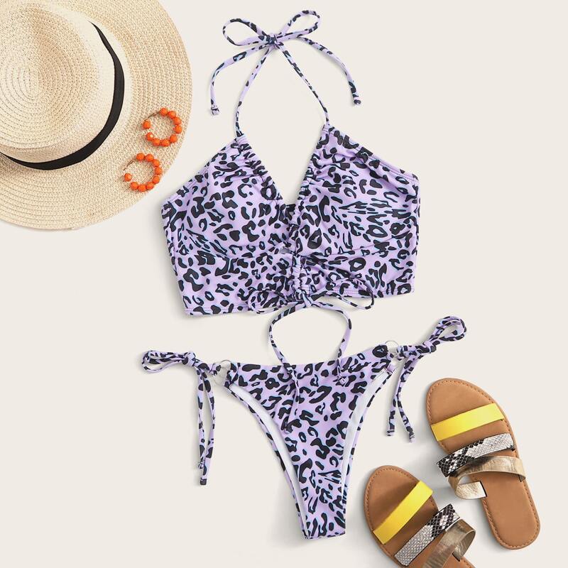 

Leopard Drawstring Tie Side Bikini Swimsuit, Purple